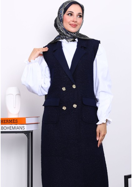 Lacivert Düğmeli Uzun Buklet Yelek modelleri