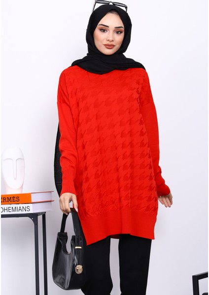 Kırmızı Kazayağı Desenli Soğuk İplik Triko Tunik