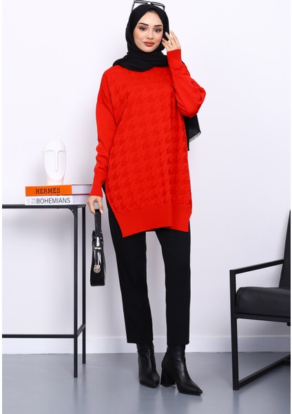 Kırmızı Kazayağı Desenli Soğuk İplik Triko Tunik fiyatları