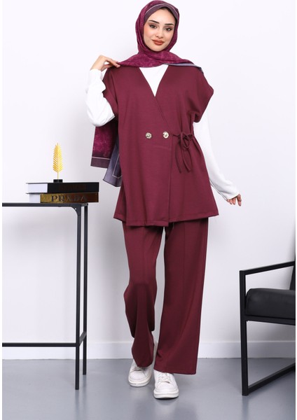 Bordo Yelekli Tunik Pantolon Üçlü Takım