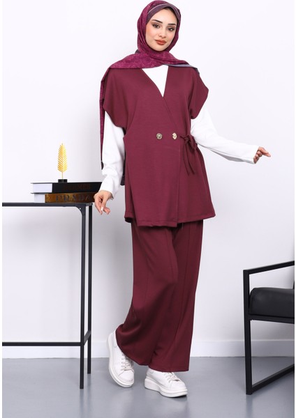 Bordo Yelekli Tunik Pantolon Üçlü Takım fiyatları
