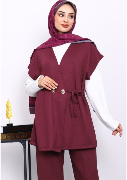 Bordo Yelekli Tunik Pantolon Üçlü Takım modelleri