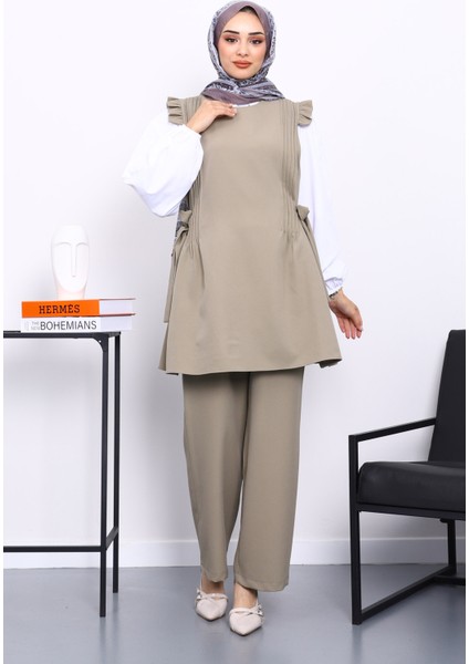 Haki Gömlek Yelek Pantolonlu Üçlü Takım