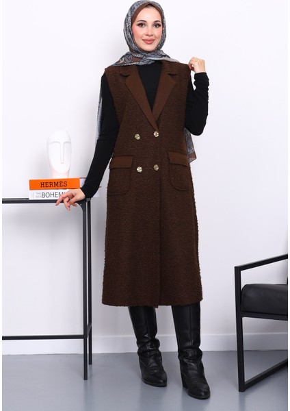 Kahverengi Düğmeli Uzun Buklet Yelek
