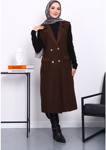 Kahverengi Düğmeli Uzun Buklet Yelek fiyatları