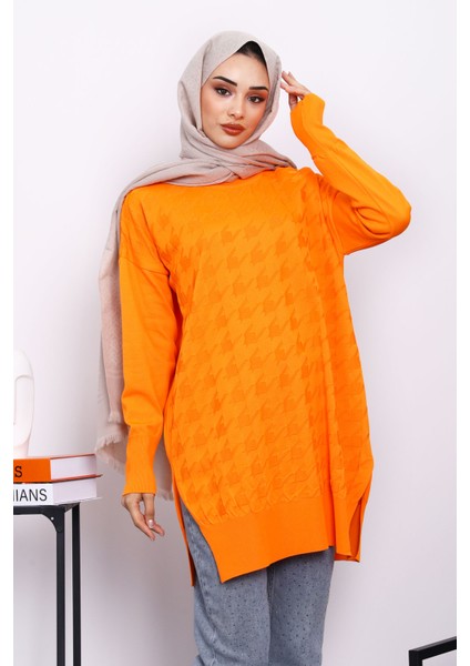 Oranj Kazayağı Desenli Soğuk İplik Triko Tunik fiyatları