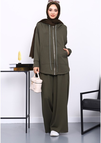 Haki Önü Kısa Arkası Uzun Tunik Pantolonlu Takım