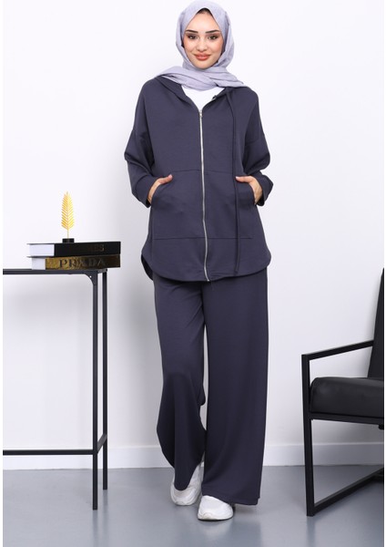 Antrasit Önü Kısa Arkası Uzun Tunik Pantolonlu Takım