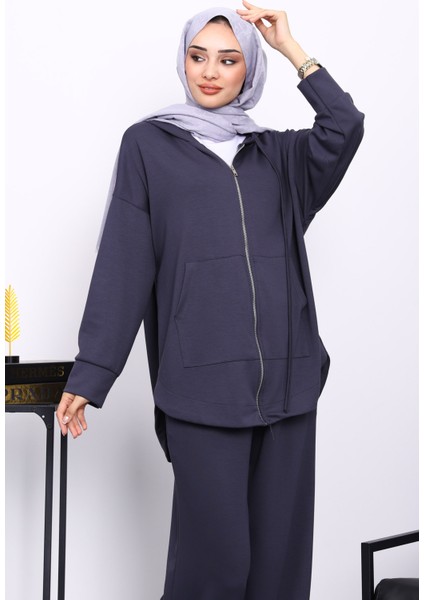 Antrasit Önü Kısa Arkası Uzun Tunik Pantolonlu Takım modelleri