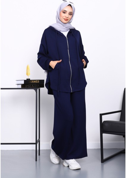 Lacivert Önü Kısa Arkası Uzun Tunik Pantolonlu Takım