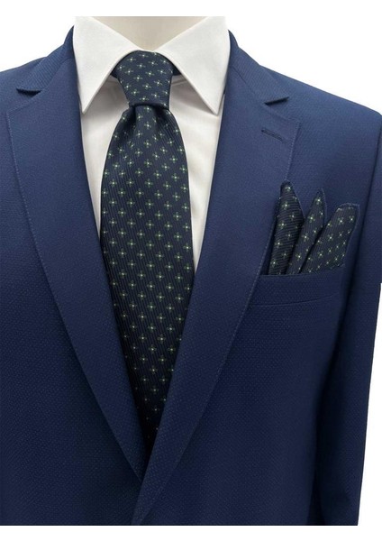 Lacivert Yeşil Desenli Kravat ve Mendil Set