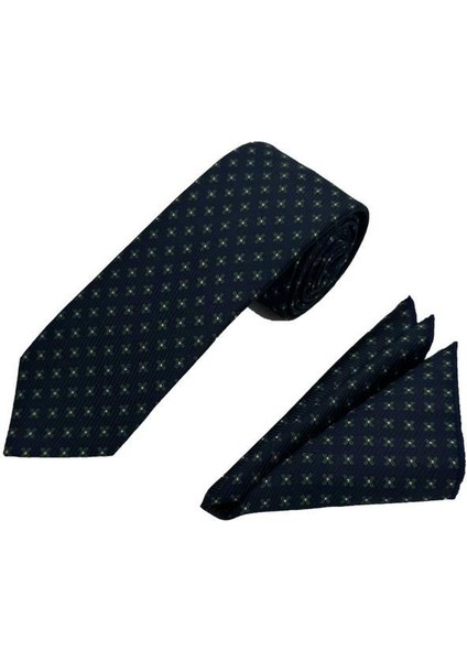 Lacivert Yeşil Desenli Kravat ve Mendil Set modelleri