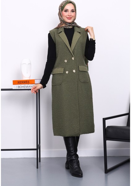 Haki Düğmeli Uzun Buklet Yelek