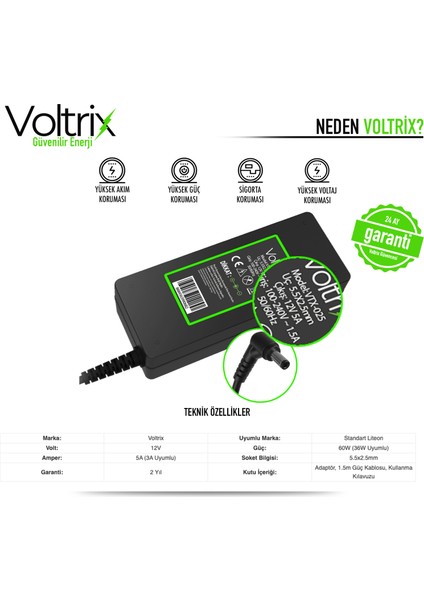 Standart Uç 12V 5A 60W 5.5x2.5mm Uyumlu Adaptör, Şarj Aleti - Cihazı (60W) fiyatları