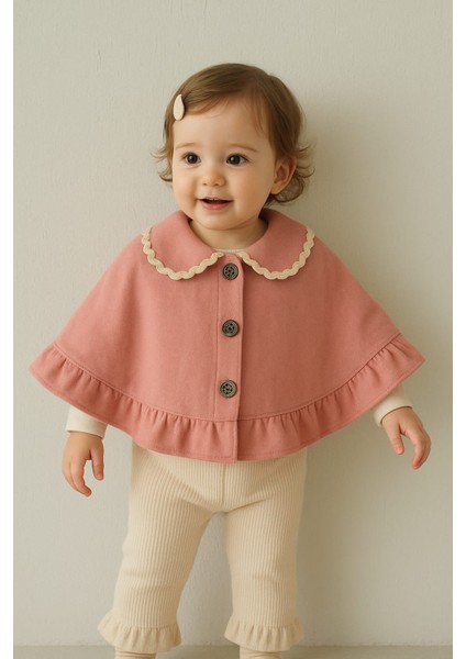 Kız Bebek Düğmeli Pelerinli 3'lü Takım