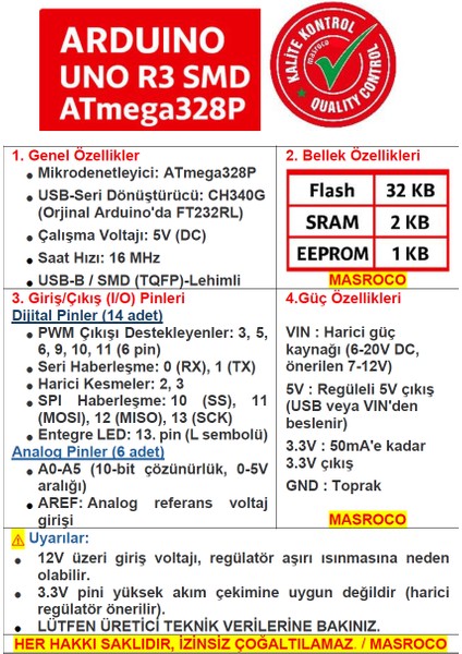 Uno R3 SMD (CH340G) + USB Kablo ve Header Hediyeli fırsatları