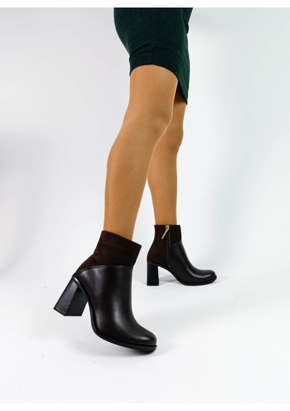 Kahve Renk Fermuarlı Kalın Topuk Süet Cilt Kadın Topuklu Bot
