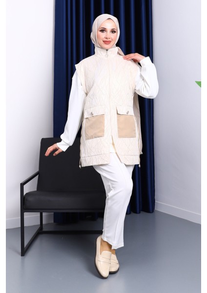 Ekru Tunik Yelek Pantolon Üçlü Kombin Takım