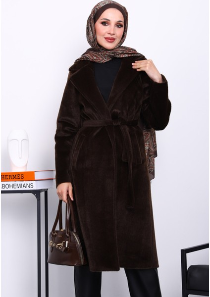 Kahverengi Kruvaze Yaka Cepli Angora Kaşe Kaban