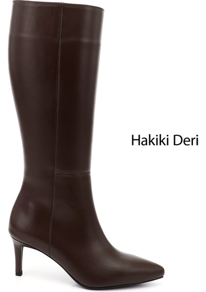 Kadın Kahverengi Platinum Fermuarlı İnce Topuklu Hakiki Deri Çizme