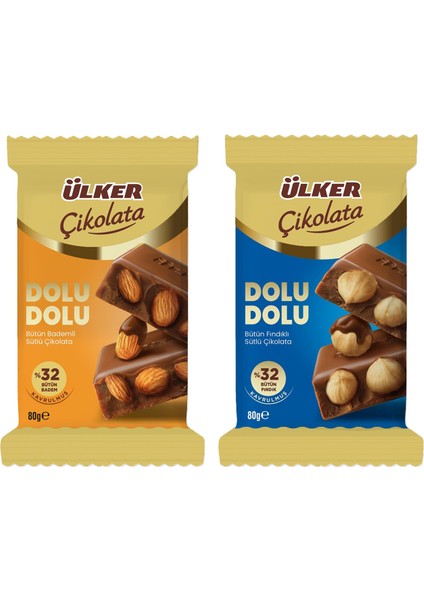 Dolu Dolu Sütlü Bütün Fındıklı ve Bademli Çikolata 80 gr 2 Li