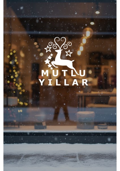 Yeni Yıla Özel Mutlu Yıllar Yazısı Geyik Süslemesi Yılbaşı Kapı Cam Vitrin Sticker indirimleri