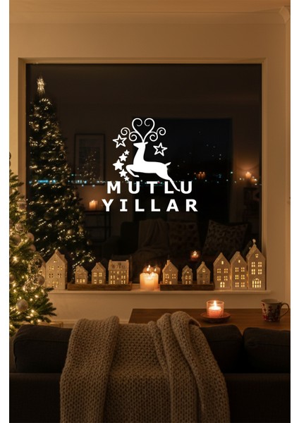 Yeni Yıla Özel Mutlu Yıllar Yazısı Geyik Süslemesi Yılbaşı Kapı Cam Vitrin Sticker