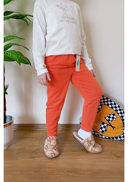 Çocuk Turuncu 3 Iplik Şardonlu Paçası Lastikli Kışlık Eşofman Altı modelleri