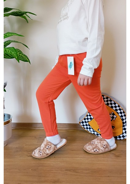 Çocuk Turuncu 3 Iplik Şardonlu Paçası Lastikli Kışlık Eşofman Altı