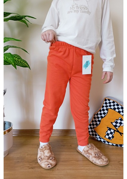 Çocuk Turuncu 3 Iplik Şardonlu Paçası Lastikli Kışlık Eşofman Altı