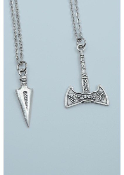 2'li Viking Çift Taraflı Savaşçı Balta Triagle Ok Ucu Gümüş Kaplama Kolye Seti