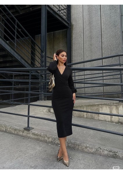 Kadın Uzun Kollu Kruvaze Yaka Büzgü ve Balon Kol Detay Krep Kumaş Maxi Boy Elbise fırsatları