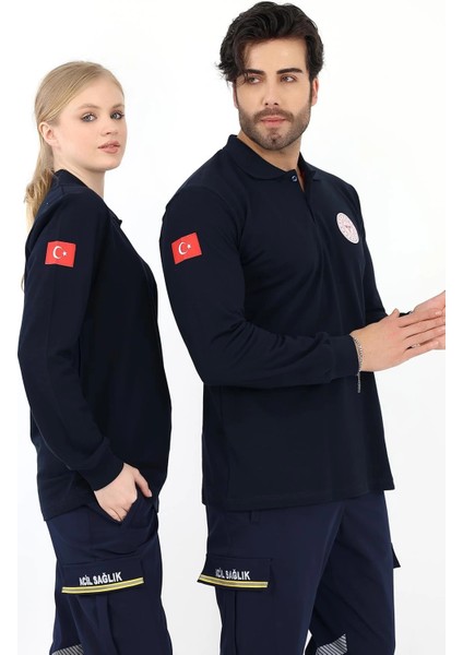 Acil Sağlık Yakalı Unisex Tshirt Uzun Kol Nakışlı - Lacivert fiyatları