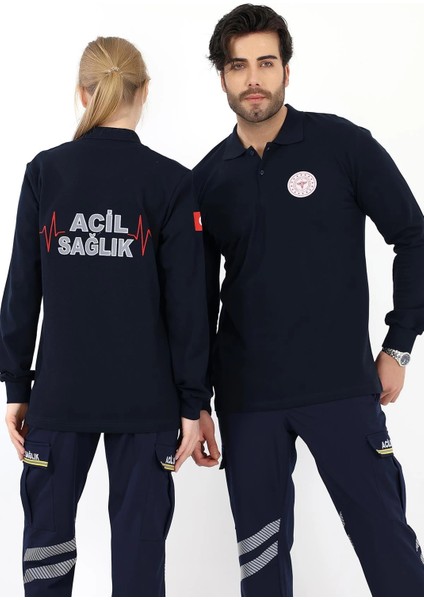 Acil Sağlık Yakalı Unisex Tshirt Uzun Kol Nakışlı - Lacivert fırsatları