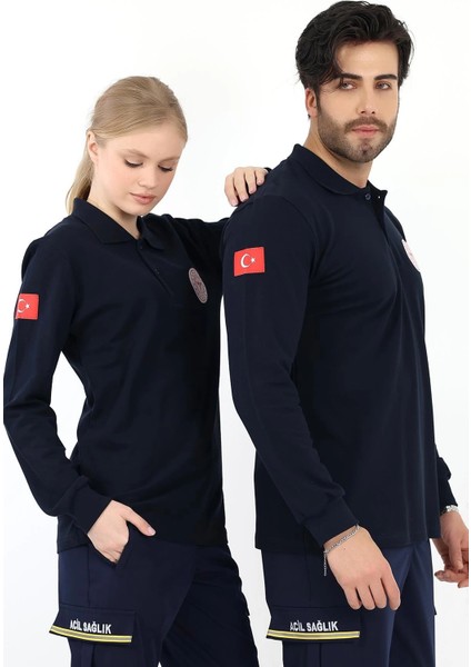 Acil Sağlık Yakalı Unisex Tshirt Uzun Kol Nakışlı - Lacivert indirimleri
