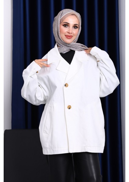 Ekru Düğmeli Oversize Kanvas Ceket