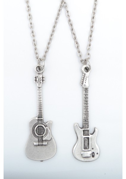 2'li Elektro Gitar - Akustik Gitar Gümüş Kaplama Kolye Seti