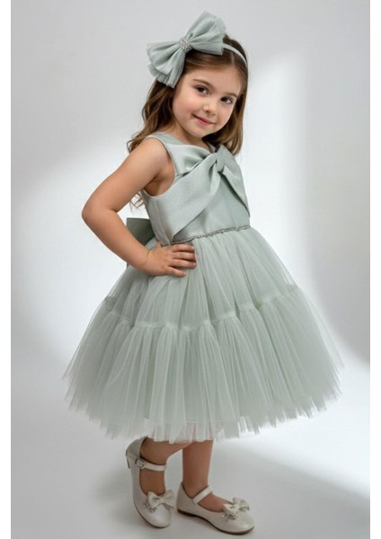 Kız Çocuk Abiye Elbise Arkası Fiyonk Detaylı Bel Kısmıtaşlı Taçlı 1-5 Yaş, Su Yeşili