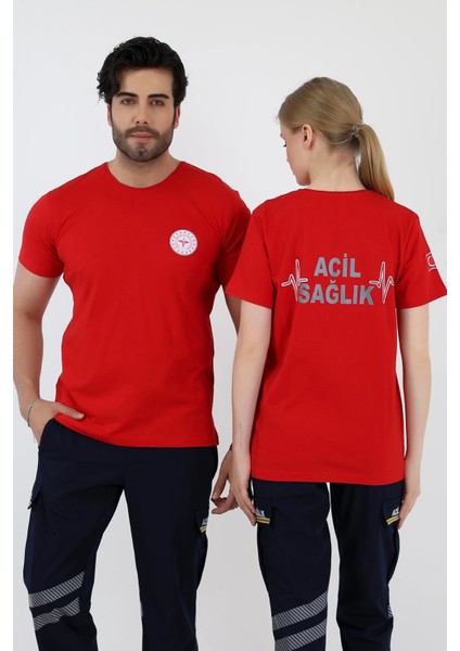 Acil Sağlık Yuvarlak Yaka Penye Kısa Kol Tshirt - Kırmızı