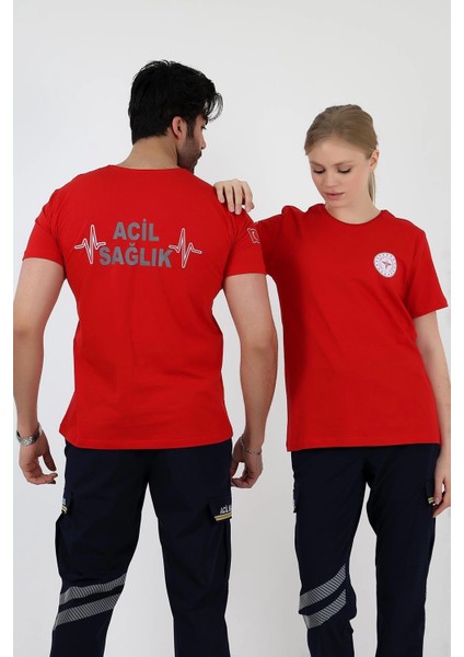 Acil Sağlık Yuvarlak Yaka Penye Kısa Kol Tshirt - Kırmızı fırsatları