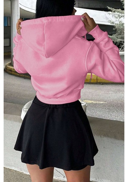 Kadın Pamuklu Crop Model Kanguru Cepli Kapüşonlu Crop Spor Sweatshirt fiyatları