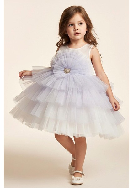 Kız Çocuk Abiye Elbise Arka Kısmı Fiyonklu Taşlı Kalp Aksesuarlı 1-5 Yaş, Lila