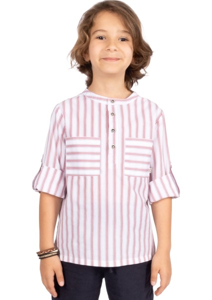 %100 Pamuk Kırmızı Çizgili Yazlık Erkek Çocuk Gömlek