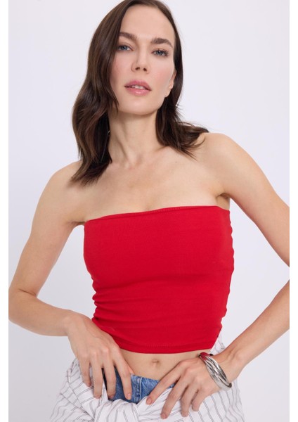 Kadın Slim Fit Dar Kesim Pamuklu Straplez Kırmızı Bluz