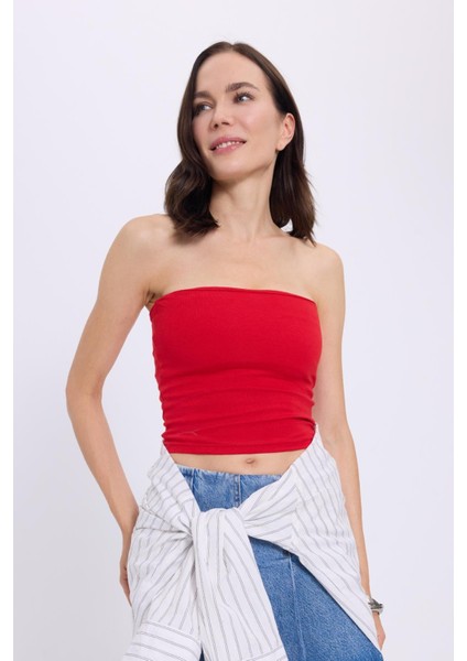Kadın Slim Fit Dar Kesim Pamuklu Straplez Kırmızı Bluz indirimleri
