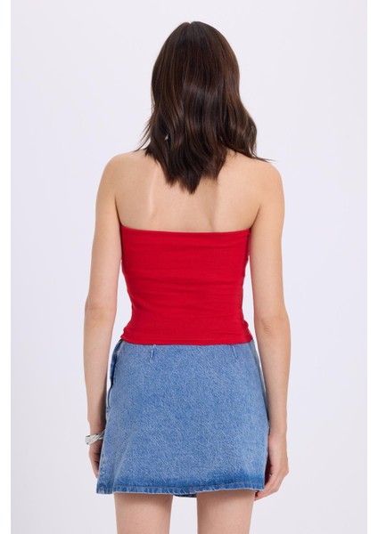 Kadın Slim Fit Dar Kesim Pamuklu Straplez Kırmızı Bluz