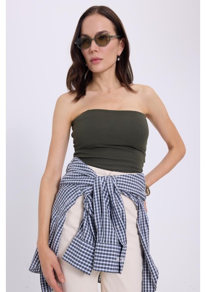 Kadın Slim Fit Dar Kesim Pamuklu Straplez Haki Bluz