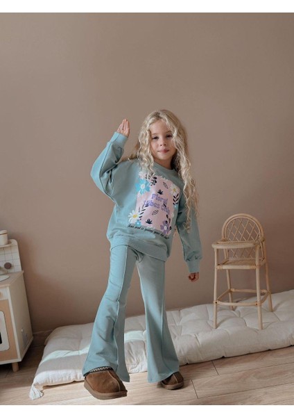 Cg Kids Floral Vibes Baskılı Su Yeşili Kız Çocuk 2 Iplik Alt Üst Takım Süper Kalite Kumaş Ispanyol Paça