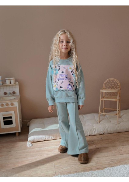 Cg Kids Floral Vibes Baskılı Su Yeşili Kız Çocuk 2 Iplik Alt Üst Takım Süper Kalite Kumaş Ispanyol Paça fiyatları