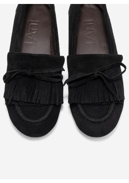 Axelı Siyah Süet Hakiki Deri Fiyonklu Saçaklı Kadın Loafer Ayakkabı fiyatları